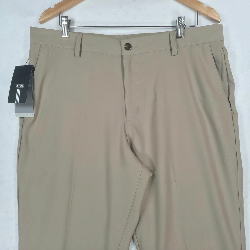 Adidas Mens Climalite Golf Pants Khaki Tan Beige Stretch 3-Stripe 36 x 38 NEW